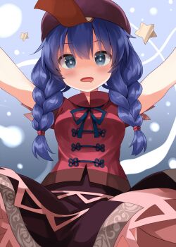  1girl blue_eyes blue_hair blue_ribbon blush braid brown_skirt commentary_request drooling hair_between_eyes hat highres long_hair looking_at_viewer miyako_yoshika mouth_drool neck_ribbon ofuda ofuda_on_head open_mouth red_hat red_shirt ribbon ruu_(tksymkw) shirt short_sleeves skirt solo touhou twin_braids 
