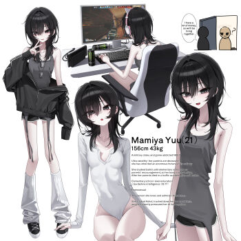  2girls ? absurdres ashal_(mansu) black_eyes breasts broken_halo character_profile commentary_request computer_keyboard cut-here_line dog_tags dolphin_shorts english_text fallen_angel hair_between_eyes halo headphones highres leg_warmers leotard long_hair mamiya_yuu_(mansu) mansu_(mansu113355) monitor monster_energy multiple_girls multiple_views off_shoulder original shorts small_breasts speech_bubble white_leotard 