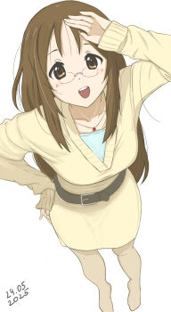  1girl absurdres andreypavlow belt black_belt blush brown_eyes brown_hair collarbone commentary dated dress from_above glasses hand_up highres jewelry k-on! long_hair long_sleeves looking_at_viewer necklace open_mouth pantyhose sidelocks simple_background solo white_background yamanaka_sawako yellow_dress 