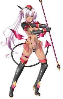  1girl aoi_masami asamiya_minami black_gloves blush boots breasts cameltoe corruption dark-skinned_female dark_persona dark_skin demon_girl demon_tail demon_wings elbow_gloves full_body game_cg gloves hair_ornament hat high_heels highres holding large_breasts large_variant_set long_hair looking_at_viewer magical_girl navel non-web_source official_art open_mouth pink_hair ponytail pubic_tattoo revealing_clothes self-datamine slave_gear_(tsmg_nao!) slave_ignis slingshot_swimsuit solo staff swimsuit tachi-e tail tattoo thigh_boots thigh_strap thighhighs transparent_background ts_magical_girl_nao variant_set weapon wings yellow_eyes 