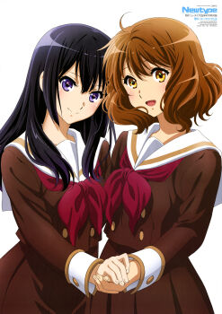  2girls absurdres black_hair brown_hair hibike!_euphonium highres holding_hands ikeda_kazumi kousaka_reina long_hair looking_at_viewer medium_hair multiple_girls newtype orange_eyes oumae_kumiko purple_eyes school_uniform smile white_background yuri 