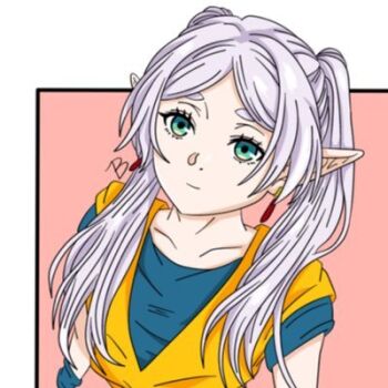  bad_link berryzart blue_shirt breasts collarbone cosplay dougi dragon_ball earrings frieren from_above green_eyes jewelry large_breasts light_smile long_hair looking_at_viewer looking_up lowres orange_dougi pink_background pointy_ears profile_picture shirt short_sleeves sidelocks smile son_goku son_goku_(cosplay) sousou_no_frieren t-shirt thick_eyebrows twintails upper_body white_hair wristband 