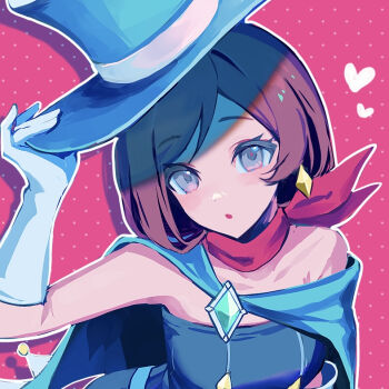  1girl ace_attorney adjusting_clothes adjusting_headwear blue_cape blue_dress blue_hat breasts brown_hair cape close-up commentary dress earrings gloves grey_eyes hat jewelry looking_at_viewer open_mouth pink_background polka_dot polka_dot_background rana5_1052 red_scarf scarf shadow short_hair single_bare_shoulder small_breasts solo strapless strapless_dress top_hat trucy_wright tube_dress upper_body white_gloves 