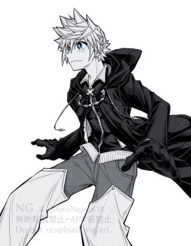  1boy amanojack38 black_gloves black_robe blue_eyes closed_mouth commentary cowboy_shot frown gloves hair_between_eyes highres hood hood_down hooded_robe kingdom_hearts kingdom_hearts_ii light_blush male_focus robe roxas short_hair solo spiked_hair twitter_username untranslatable_commentary white_background 