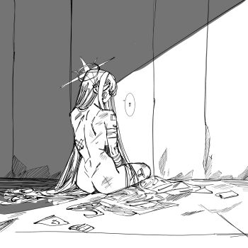  1girl ass bandage_on_face bandaged_arm bandages blue_archive breasts bruise bruise_on_ass commentary_request completely_nude halo highres injury kani_ka_nanika long_hair nude on_ground saori_(blue_archive) sidelocks sitting small_breasts solo speech_bubble translation_request very_long_hair 