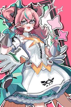  1girl absurdres aqua_hair aqua_streaks aria_(zenless_zone_zero) blue_eyes blush bridal_gauntlets center_frills collarbone commentary_request cowboy_shot crossed_bangs detached_collar double_v dress fingerless_gloves frilled_dress frills gloves hair_between_eyes highres korean_commentary multicolored_hair open_mouth outline pink_gloves pink_hair rieana solo sparkle star-shaped_pupils star_(symbol) streaked_hair symbol-shaped_pupils v white_bridal_gauntlets white_dress white_outline white_wings wings zenless_zone_zero 