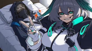 1girl 1other aqua_eyes arknights bed black_coat breasts coat doctor_(arknights) dress dryegen feathered_wings fingerless_gloves gloves grey_hair guy_tired_after_sex_(meme) hair_between_eyes hand_up head_wings highres ho'olheyak_(arknights) hood hood_up hooded_coat indoors infection_monitor_(arknights) large_breasts long_sleeves looking_at_viewer lying medium_hair meme mexico_ufo_alien_bodies_hearing_(meme) on_bed open_clothes shirt slit_pupils smile v white_dress white_gloves white_shirt wings
