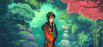  1girl absurdres arm_guards bakumatsu_rouman bakumatsu_rouman_dainimaku bamboo belt black_eyes black_hair branch clothing_cutout cowboy_shot david_revoy female_focus forest hair_tie hakama hakama_skirt highres hip_vent holding holding_sword holding_weapon japanese_clothes long_hair long_sleeves looking_away moss nature red_hakama rock sidelocks skirt snk solo sword takane_hibiki tree weapon weapon_bag  rating:Sensitive score:9 user:danbooru