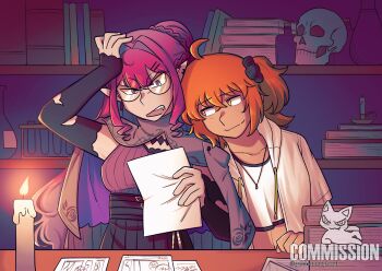  2girls absurdres ahoge baobhan_sith_(fate) bespectacled black_skirt book braid breasts candle capelet commentary commission crop_top detached_sleeves english_commentary fate/grand_order fate_(series) fujimaru_ritsuka_(female) glasses grey_capelet hair_ornament hair_scrunchie high-waist_skirt highres holding holding_paper hood hoodie medium_breasts multiple_girls one_side_up orange_eyes orange_hair paper pleated_skirt pointy_ears ponytail ponytail_with_braided_base purple_hair ribbed_shirt round_eyewear scrunchie shirt skirt skull sleeves_past_wrists table tan twitter_username vincent-san watermark white_hoodie yuri 