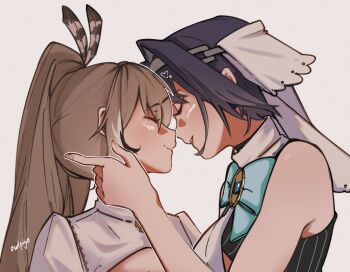  2girls blue_hair blush bow brown_hair closed_eyes earrings feather_hair_ornament feathers hair_intakes hair_ornament hand_on_another's_neck high_ponytail highres hololive hololive_english imminent_kiss jewelry long_hair multiple_girls nanashi_mumei nanashi_mumei_(1st_costume) ouro_kronii ouro_kronii_(1st_costume) owlpiyo parted_lips ponytail shirt short_hair simple_background sleeveless virtual_youtuber white_background white_shirt yuri 
