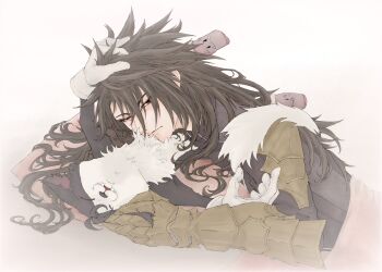  1boy armor black_hair black_jacket cait_sith_(final_fantasy) cat cat_tail clawed_gauntlets closed_mouth commentary_request fangs final_fantasy final_fantasy_vii final_fantasy_vii_rebirth final_fantasy_vii_remake from_side gauntlets gloves hair_between_eyes hand_on_another's_head highres jacket long_hair looking_to_the_side lying male_focus messy_hair msa_mne on_stomach red_eyes shoulder_armor single_gauntlet spiked_hair tail upper_body vincent_valentine white_gloves 