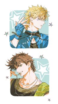  2boys artist_name battle_tendency belt_collar birthmark blonde_hair blue_gloves brown_hair caesar_anthonio_zeppeli collar collarbone commentary_request fingerless_gloves gloves green_scarf highres jewelry joestar_birthmark jojo_no_kimyou_na_bouken joseph_joestar joseph_joestar_(young) male_focus mouth_hold multiple_boys necklace profile scarf short_hair star_(symbol) star_necklace striped_clothes striped_scarf untabunta 