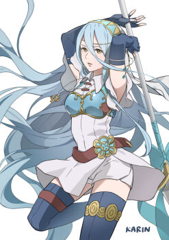  1girl absurdres armor artist_name azura_(fire_emblem) azura_(lady_of_the_sky)_(fire_emblem) black_gloves blue_bow blue_gloves blue_hair boots bow chest_guard commentary double-parted_bangs elbow_gloves english_commentary fingerless_gloves fire_emblem fire_emblem_fates fire_emblem_heroes gloves hair_between_eyes highres holding holding_polearm holding_weapon jewelry karrincorrin long_hair looking_at_viewer necklace nintendo official_alternate_costume parted_lips pendant polearm short_sleeves solo spear thigh_boots tunic veil very_long_hair weapon white_tunic yellow_eyes 
