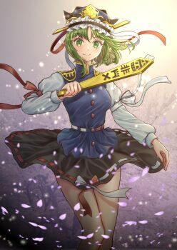  1girl black_skirt blue_hat blue_vest closed_mouth commentary_request epaulettes frilled_hat frills green_eyes green_hair hat highres holding kyabekko long_sleeves looking_at_viewer ribbon-trimmed_skirt ribbon_trim rod_of_remorse shiki_eiki skirt sleeve_bow smile solo touhou vest 