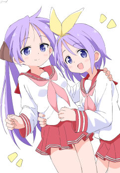 2girls absurdres blue_eyes blush closed_mouth cynical_(llcbluckg_c004) hairband highres hiiragi_kagami hiiragi_tsukasa long_hair long_sleeves looking_at_viewer lucky_star multiple_girls open_mouth purple_hair red_sailor_collar red_skirt sailor_collar school_uniform serafuku shirt short_hair siblings simple_background sisters skirt smile twins twintails white_background white_shirt yellow_hairband 