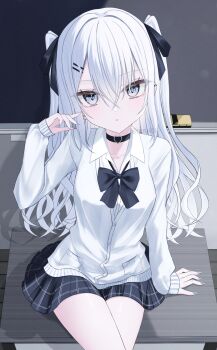  1girl absurdres black_bow black_bowtie black_choker black_ribbon black_skirt blue_eyes board_eraser bow bowtie breasts cardigan chalkboard choker classroom collarbone collared_shirt cowboy_shot crossed_legs desk hair_between_eyes hair_ornament hair_ribbon hairclip heart heart_choker highres indoors iris37337 long_hair long_sleeves looking_at_viewer medium_breasts miniskirt on_desk original parallel_hairclips parted_lips plaid_clothes plaid_skirt revision ribbon school_uniform shirt sitting skirt solo two_side_up white_cardigan white_hair white_shirt 