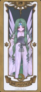  &amp;ueen 1girl absurdres cardcaptor_sakura clow_card crescent_moon dress facial_mark forehead_mark green_eyes green_hair highres holding holding_mirror japanese_clothes kimono long_hair miko mirror mirror_(clow_card) moon parted_bangs rope shide shimenawa star_(symbol) sun white_kimono wings 
