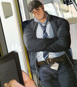  2boys bara belt black_hair black_jacket black_pants blush body_blush brown_belt closed_eyes closed_mouth collared_shirt crossed_arms error_musume facial_hair goatee_stubble highres holding holding_phone indoors jacket male_focus male_underwear male_underwear_peek midriff_peek multiple_boys muscular muscular_male necktie open_belt open_clothes open_fly open_jacket open_pants original paid_reward_available pants phone recording salaryman shirt short_hair sleeping sleeping_upright sparse_stubble standing stubble tarutoru underwear white_male_underwear white_shirt yaoi 