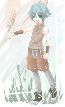  1boy black_boots blue_eyes blue_hair boots brown_shirt brown_shorts commentary_request full_body grey_pants highres hunter_(ragnarok_online) looking_at_viewer male_focus open_mouth pants pants_under_shorts ragnarok_online satsuki_yui shirt short_hair shorts sleeveless sleeveless_shirt smile solo standing turtleneck turtleneck_shirt 