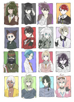  6+boys 6+girls ahoge akamatsu_kaede amami_rantaro androgynous android annoyed antenna_hair backpack bag bandaged_arm bandaged_hand bandages barbed_wire bare_pectorals baseball_cap beanie black-framed_eyewear black_cape black_choker black_eyes black_gloves black_hair black_hat black_jacket black_mask black_ribbon black_scarf black_shirt blazer blonde_hair blue_gem blue_hair blue_jacket blue_necktie blue_shirt blush_stickers bob_cut border bow braid breast_pocket breasts brooch brown-tinted_eyewear brown_hair brown_jacket brown_neckerchief brown_necktie buttons cape chabashira_tenko chain chain_necklace checkered_clothes checkered_scarf choker cigarette clenched_hand closed_mouth coat coat_partially_removed collarbone collared_coat collared_jacket collared_shirt commentary_request contrast_collar contrast_lapels covered_mouth cropped_torso danganronpa_(series) danganronpa_v3:_killing_harmony dark-skinned_female dark-skinned_male dark_skin dot_nose double-breasted everyone expressionless eyelashes fake_horns finger_to_mouth fingerless_gloves fingernails floral_print flower flower_brooch gakuran gem gem_hair_ornament genderswap genderswap_(ftm) genderswap_(mtf) glasses gloves goggles goggles_on_head gokuhara_gonta green_bow green_eyes green_hair green_hat green_sailor_collar green_shirt green_vest grey_eyes grey_hair grey_necktie grey_shirt grin hair_between_eyes hair_bow hair_ornament hair_over_one_eye hair_over_shoulder hair_ribbon hair_tie hairclip hand_on_headwear hand_on_own_arm hand_on_own_chin hand_on_own_neck happy harukawa_maki hat helmet highres holding holding_rope hood hood_down hooded_coat horned_helmet horns hoshi_ryoma iruma_miu jacket jewelry k1-b0 lapels large_breasts layered_sleeves leather leather_jacket light_blush long_eyelashes long_hair long_hair_between_eyes long_sleeves looking_to_the_side low_ponytail mask medium_hair messy_hair momota_kaito mouth_hold mouth_mask multiple_boys multiple_girls neck_ribbon neckerchief necklace necktie nervous_smile notched_lapels o-ring oma_kokichi open_clothes open_jacket open_mouth pale_skin parted_lips peaked_cap pectoral_cleavage pectorals pendant pink_jacket pink_vest pinstripe_jacket pinstripe_pattern pocket pocket_watch pointing pointing_at_viewer pointing_up polka_dot_necktie ponytail print_bow print_headwear purple_choker purple_coat purple_eyes purple_hair purple_necktie raincoat red_eyes red_hair red_jacket red_scrunchie red_shirt ribbon rope round_eyewear saihara_shuichi sailor_collar scarf school_uniform scratching_cheek scrunchie serafuku shell shell_necklace shinguji_korekiyo shirogane_tsumugi shirt short_hair sidelocks single_braid sleeve_cuffs small_breasts smile smirk spiked_hair straight-on straight_hair striped_clothes striped_shirt studded_gloves sweat t-shirt tappo_(gemori) tinted_eyewear tojo_kirumi two-tone_scarf two-tone_shirt unmoving_pattern v very_short_hair vest watch white_bag white_border white_flower white_hair white_jacket white_necktie white_ribbon white_scarf white_shirt wrist_scrunchie yellow_eyes yellow_necktie yellow_raincoat yonaga_angie yumeno_himiko zipper zipper_pull_tab 