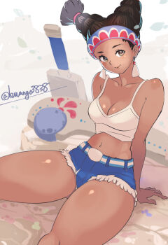  1girl bare_shoulders breasts brown_eyes brown_hair crop_top dark-skinned_female dark_skin earrings headband jewelry kuwango lily_hawk lips looking_to_the_side medium_breasts multi-tied_hair short_shorts shorts sitting sleeveless street_fighter street_fighter_6  rating:Sensitive score:1 user:zombiespacial