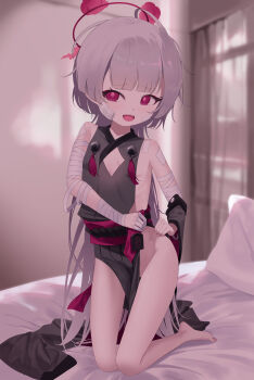  1girl bandaged_arm bandaged_hand bandages bare_shoulders barefoot bed bed_sheet bell blue_archive blurry blurry_background blush cleavage_cutout clothing_cutout curtains detached_sleeves diamond_cutout flat_chest full_body gauze grey_hair grey_sleeves halo indoors japanese_clothes jingle_bell kneeling loli long_hair looking_at_viewer obi on_bed open_mouth pelvic_curtain pillow red_eyes red_halo sana_(sanapri11) sash shuro_(blue_archive) sideless_outfit smile solo window 