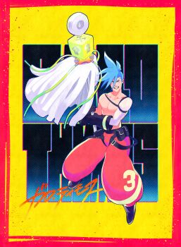  1boy bare_pectorals blue_eyes blue_hair border commentary_request full_body galo_thymos gloves grin highres holding kgur_n long_hair looking_at_viewer male_focus matoi pants pectorals promare puffy_pants red_border red_pants rubber_gloves single_sleeve smile solo translation_request yellow_background 