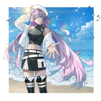  1girl absurdres asymmetrical_hair beach belt beret bird blue_eyes blue_sky blush boots border breasts commentary cowboy_shot eyelashes hair_between_eyes hat highres jewelry long_hair long_sleeves looking_at_viewer mango_(user_yerz4848) megurine_luka multiple_belts nail_polish navel necklace ocean off_shoulder outdoors outside_border pink_hair pink_nails reaching reaching_towards_viewer shore skirt sky sleeveless sleeveless_turtleneck solo standing sun thigh_boots turtleneck very_long_hair vocaloid white_border 