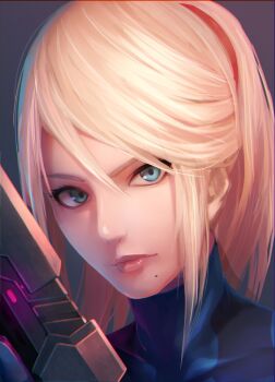  1girl blonde_hair fami_(yellow_skies) female_focus gun hair_between_eyes highres long_hair looking_at_viewer metroid nintendo ponytail portrait samus_aran solo weapon zero_suit  rating:Sensitive score:27 user:danbooru
