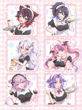  1boy 5girls absurdres ahoge akomaruillust animal_ears black_hair blue_eyes blue_hair breasts cat_ears cat_girl cat_tail cleavage cup dango demon_girl demon_horns dog_boy dog_ears food glasses hair_between_eyes hair_ornament head_wings heart heart_ahoge heart_hair_ornament henya_the_genius heterochromia highres horns ice_cream indie_virtual_youtuber ironmouse kson kuro_kurenai large_breasts long_hair looking_at_viewer maid maid_headdress michi_mochievee multicolored_hair multiple_girls nyatasha_nyanners one_eye_closed open_mouth patchwork_skin pink_eyes pink_hair puffy_short_sleeves puffy_sleeves purple_eyes purple_hair purple_streaks red_eyes red_hair ringed_eyes short_hair short_sleeves small_breasts smile stitched_face stitches streaked_hair tail teacup teapot tray twintails virtual_youtuber wagashi wings wrist_cuffs yellow_eyes 