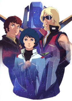  1990s_(style) 3boys aeug amuro_ray bare_shoulders black_eyes blonde_hair blue_hair brown_hair char_aznable commentary_request emblem green_eyes gundam insignia jacket kamille_bidan looking_at_viewer magazine_scan mecha military_jacket military_rank_insignia military_uniform mobile_suit mullet multiple_boys official_art onda_naoyuki promotional_art quattro_bajeena red_hair retro_artstyle robot scan science_fiction sunglasses traditional_media v-fin white_background zeta_gundam zeta_gundam:_a_new_translation zeta_gundam_(mobile_suit) 