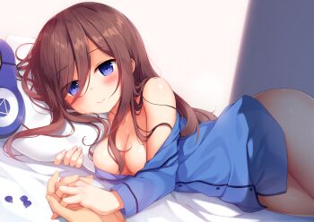 1girl bed_sheet blue_eyes blue_shirt blush breasts brown_hair cleavage closed_mouth commentary_request dress_shirt ezoshika fingernails go-toubun_no_hanayome hair_between_eyes headphones headphones_removed highres long_hair lying medium_breasts nakano_miku naked_shirt hugging_object off_shoulder on_side pillow pillow_hug pov pov_hands shirt smile solo_focus very_long_hair rating:Questionable score:57 user:danbooru