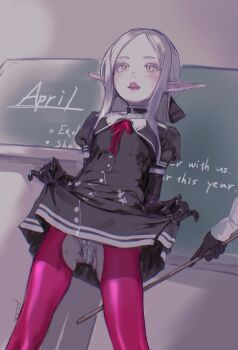  1=2 1girl 1other blush cameltoe chalkboard clothes_lift commission crotchless crotchless_pantyhose dress dress_lift flat_chest gloves grey_hair highres licking_lips long_hair open_mouth original panties pantyhose pink_pantyhose pointy_ears solo_focus tongue tongue_out underwear yellow_eyes 