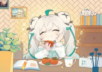  1girl :t ahoge alternate_costume book bookshelf closed_eyes closed_mouth commentary_request cup dress eating food food_on_face fruit gradient_hair green_eyes green_hair hair_bun hair_ornament hand_on_own_face highres holding holding_cup holding_food indoors jacket long_hair long_sleeves multicolored_hair off_shoulder official_alternate_hairstyle persimmon picture_frame plant plate potted_plant puffy_long_sleeves puffy_sleeves quanmian_shidai shelf smile solo sparkle streaked_hair table twintails wen_xiaomian wenxiaomian_family white_hair white_jacket 