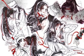  2girls animal_hat arms_behind_back artist_request blush bound bound_wrists cat_hat closed_eyes commentary commission completely_nude cunnilingus earrings english_commentary fingerless_gloves frottage gloves grabbing_another's_breast grabbing_from_behind greyscale groping hat headband highres jewelry long_hair monochrome multiple_girls nude oral ponytail pussy_juice pussy_juice_on_fingers red_headband red_ribbon ribbon second-party_source spot_color sweat tongue tongue_out trembling where_winds_meet yingying_(where_winds_meet) yuri 