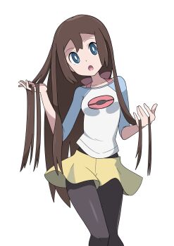  absurdres alternate_hairstyle araki_megami black_pantyhose brown_hair highres holding holding_own_hair long_hair nintendo pantyhose pokemon pokemon_bw2 rosa_(pokemon) shorts simple_background white_background yellow_shorts  rating:General score:9 user:RIG