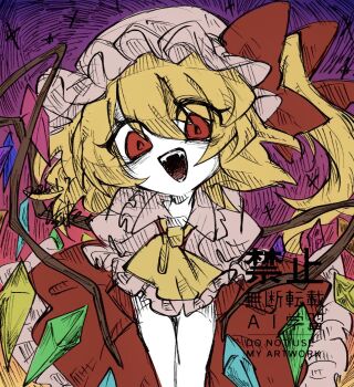  1girl blonde_hair commentary_request crazy_eyes crazy_smile crystal_wings dress fangs flandre_scarlet frilled_dress frills from_above gradient_background hat hatching_(texture) highres looking_at_viewer medium_hair mob_cap neckerchief open_mouth pink_background puffy_short_sleeves puffy_sleeves purple_background red_dress red_eyes sekai_yusuke short_sleeves side_ponytail sitting smile solo touhou white_hat wings yellow_neckerchief 