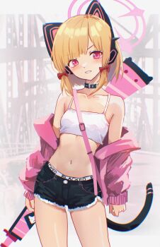 1girl animal_ear_headphones animal_ears axent_wear bare_shoulders black_choker black_shorts blacked_(phrase) blacked_female blonde_hair blue_archive bow camisole cat_ear_headphones cat_ears cat_tail choker collarbone cowboy_shot crop_top cutoffs danraz0r fake_animal_ears grin hair_bow halo headphones highres jacket loli long_sleeves looking_at_viewer midriff momoi_(blue_archive) navel off_shoulder open_clothes open_jacket pink_jacket race_fetishism red_eyes shirt short_hair short_shorts shorts sleeveless sleeveless_shirt smile solo standing stomach tail thighs v-shaped_eyebrows weapon weapon_on_back white_shirt rating:Sensitive score:120 user:danbooru