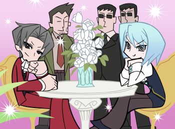  1girl 4boys ace_attorney ascot black_eyes black_skirt black_vest blue_hair brother_and_sister coat collared_shirt dick_gumshoe flower franz1sk4 franziska_von_karma green_coat grey_hair grey_pantyhose highres jacket long_sleeves miles_edgeworth mole mole_under_eye multiple_boys necktie pants panty_&amp;_stocking_with_garterbelt pantyhose parody red_jacket red_necktie red_pants rose shirt short_hair siblings sitting skirt style_parody sunglasses vest white_ascot white_flower white_rose 