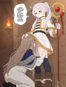  2girls belt black_pantyhose blush boots brown_hair capelet closed_mouth clothes_pull commission dress earrings elf english_text fenqury fire frieren green_eyes grey_hair hand_on_another's_head highres holding holding_staff jewelry kneeling long_hair long_sleeves multiple_girls oral panties panty_pull pantyhose pantyhose_pull pointy_ears ponytail pussy red_eyes sense_(sousou_no_frieren) shirt smile sousou_no_frieren speech_bubble staff standing sweat thought_bubble tongue trembling twintails twitter_username underwear very_long_hair white_dress white_panties yuri 