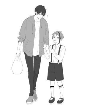  2boys aged_down bag child commentary_request full_body greyscale highres holding holding_bag jacket jade_leech looking_at_another male_focus monochrome multiple_boys open_clothes open_jacket shirt_tug short_hair shorts simple_background ss023xx standing suspenders twisted_wonderland white_background yuu_(twisted_wonderland) 