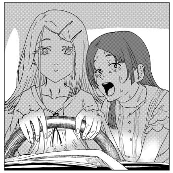  2girls :o border car_interior chainsaw_man chise_(ll158o) collarbone commentary_request fujimoto_tatsuki_(style) gakuen_idolmaster highres idolmaster kuramoto_china layered_sleeves long_hair meme multiple_girls nervous_sweating parody parted_bangs power_crashes_kobeni's_car_(meme) robe scene_reference shinosawa_hiro steering_wheel straight_hair style_parody sweat white_border 