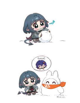  2girls :3 :d animal_ears bangboo_(zenless_zone_zero) belle_(zenless_zone_zero) black_gloves black_shorts blunt_bangs blush chibi chibi_only closed_mouth commentary fingerless_gloves full_body fur-trimmed_sleeves fur_trim gloves green_eyes green_hair grey_jacket grey_shoes highres hue_oo jacket jane_doe_(zenless_zone_zero) long_sleeves mouse_ears mouse_girl mouse_tail multiple_girls open_mouth shoes short_hair shorts simple_background smile snot snowman standing symbol-only_commentary tail twitter_username white_background zenless_zone_zero 