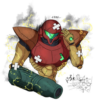  1girl arm_cannon armor assault_visor bandaid commentary_request crack electricity full_armor green_visor metroid metroid_prime_1 nintendo normal_suit_(metroid) power_armor power_suit_(metroid) samus_aran science_fiction smoke wakaba_(wata_ridley) weapon white_background 