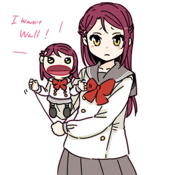  1girl blush_stickers bow bowtie buttons closed_mouth commentary_request double-breasted english_text frown grey_sailor_collar grey_skirt half_updo hand_puppet long_hair long_sleeves looking_at_viewer love_live! love_live!_sunshine!! open_mouth pleated_skirt puppet raised_inner_eyebrows red_bow red_bowtie red_hair sailor_collar sakurauchi_riko school_uniform serafuku shinanoya_(satanicad) shirt skirt solo uranohoshi_school_uniform ventriloquism white_shirt winter_uniform yellow_eyes 