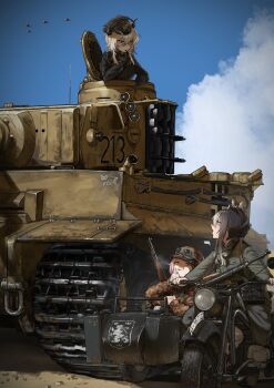  3girls absurdres animal_ears balkenkreuz black_hat black_jacket blonde_hair blue_sky brown_helmet brown_jacket camouflage camouflage_helmet camouflage_jacket cigarette combat_helmet commission cross driving glasses goggles goggles_around_neck goggles_on_headwear grey_eyes gun hat headphones_for_animal_ears helmet highres holding holding_cigarette jacket military_uniform military_vehicle motor_vehicle motorcycle multiple_girls on_motorcycle original outdoors peaked_cap pink_hair rifle round_eyewear shoulder_boards sidecar sky smoking ss_insignia stahlhelm tank the_zombie5555 tiger_i waffen-ss weapon weapon_on_back world_war_ii 