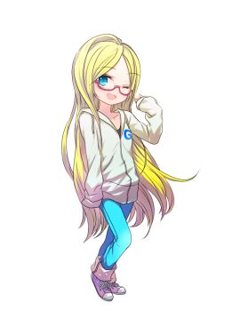  1girl blonde_hair blue_eyes denim female_focus forgotten_artist gelbooru gelbooru-tan glasses hood hoodie jacket jeans long_hair official_art one_eye_closed pants shoes smile sneakers solo transparent_background wink  rating:Sensitive score:77 user:lozertuser