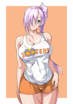  1girl breasts character_request copyright_request covered_navel employee_uniform female_focus green_eyes highres hooters large_breasts long_hair navel one_eye_covered ozaneko shirt shorts silver_hair solo tank_top  rating:Questionable score:20 user:Demiourgos