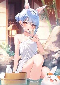  1girl animal_ear_fluff animal_ears bamboo bare_shoulders bathing blue_hair blush breasts bucket cleavage commentary_request extra_ears hair_bun highres hikimayu hololive looking_at_viewer naked_towel onsen open_mouth pekomon_(usada_pekora) rabbit-shaped_pupils rabbit_ears rabbit_girl rabbit_tail red_eyes short_eyebrows short_hair single_hair_bun sitting small_breasts solo symbol-shaped_pupils tail teeth thick_eyebrows towel tyabesu upper_teeth_only usada_pekora virtual_youtuber water wooden_bucket 