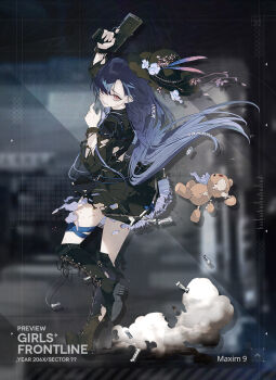  1girl black_hair black_hat character_name commentary dress english_commentary english_text flower girls'_frontline gun hair_over_one_eye handgun hat hat_feather hat_flower hat_ornament holding holding_gun holding_weapon maxim_9 maxim_9_(girls'_frontline) official_art shell_casing stuffed_animal stuffed_toy teddy_bear torn_clothes torn_dress torn_stuffed_toy trigger_discipline weapon 